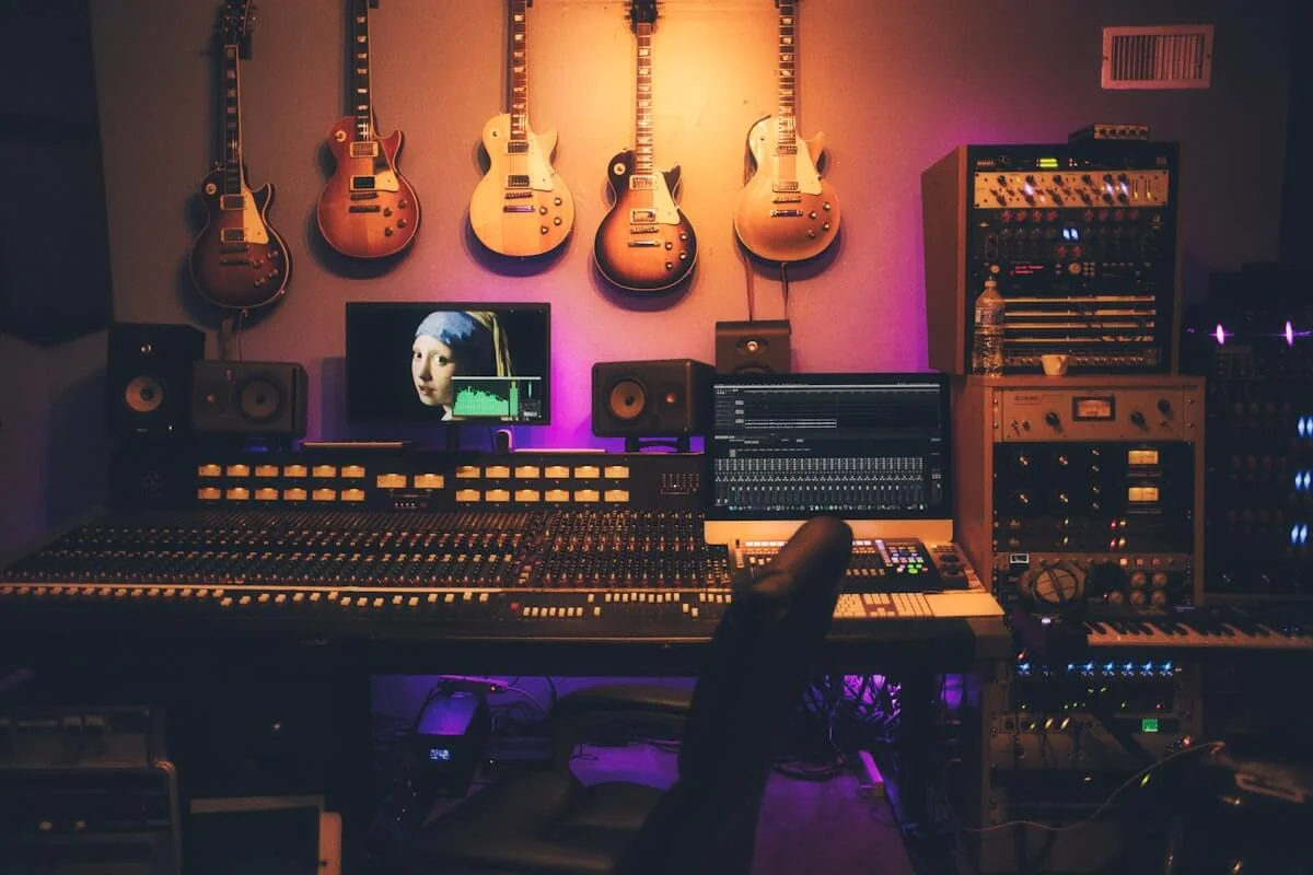 Audio mixing console with warm stage lighting